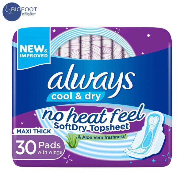 Always Cool & Dry No Heat Feel Maxi Thick Sanitary Pads With Wings, 30 Pads