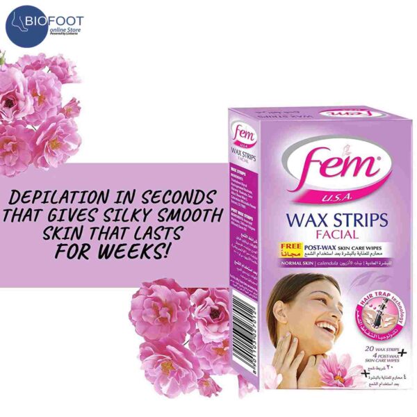 Fem USA Facial Wax Strips for Normal Skin with Free Post-wax skin wipes - 20 strips - Image 2