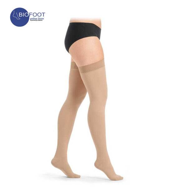 SIGVARIS Essential Classical CCL1 AG Stockings Thigh High Knop Grip Top, Open Toe Caramel Color - Image 10