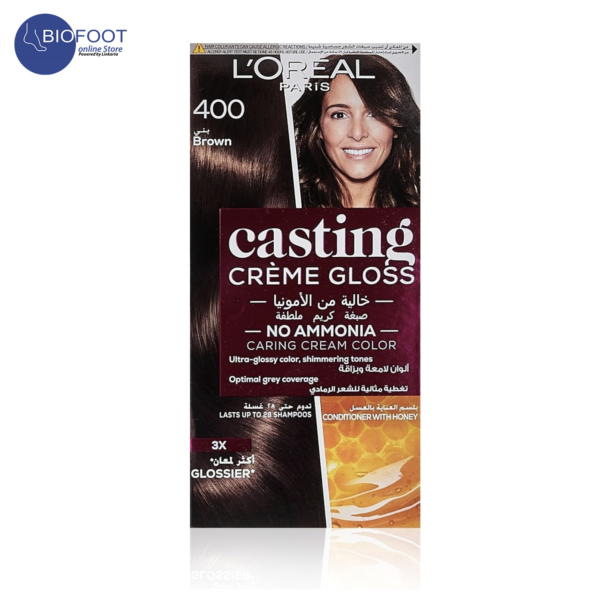 L'Oreal Paris Casting Crème Gloss 400 Brown Pack 3X
Colorant Creme 48ml, Developer Creme 72ml, Conditionern with Honey 60ml
