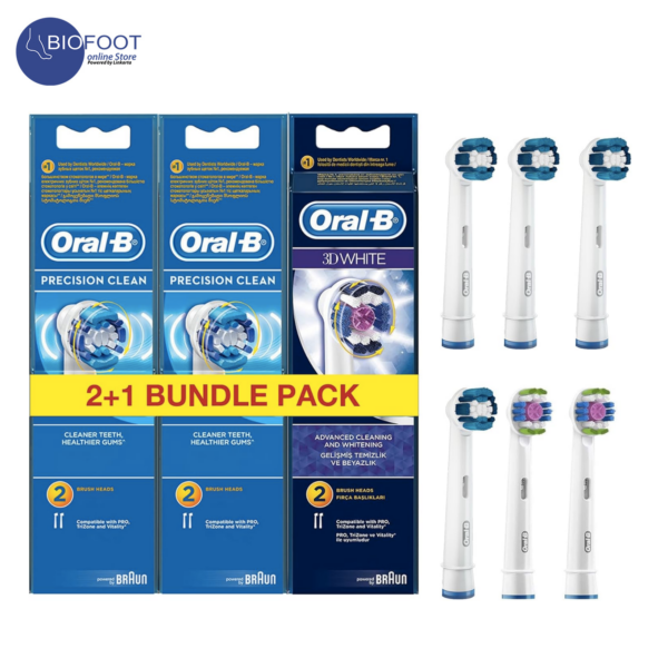 Oral-B 6 Pcs Brush Head Bundle Pack EB20-2 x 2 Pack + EB18-2 - Precision Clean Replacement Brush Heads + 2 3D White Brush Head, Compatible with entire Oral-B Rechargeable toothbrush handles
