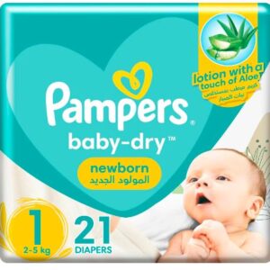 Pampers Baby-Dry Newborn Taped Diapers with Aloe Vera Lotion, up to 100% Leakage Protection, Size 1, 2-5kg, Carry Pack, 21 Count
