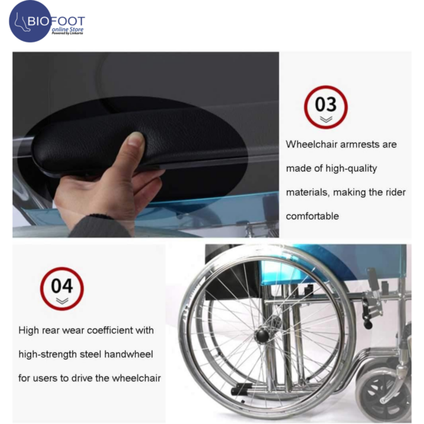 Euromed 809TB Wheelchair Stainless Steel Foldable Self-Propelled Wheelchairs with Fixed Foot Pedal/Armrest Suitable for the Elderly/Child/Disabled - Image 4