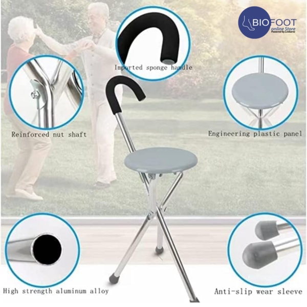 Euromed 943 Walking stick with Seat, Unisex for Senior and Elderly Adjustable Portable Folding Walking Stick Chair Seat Stool Iron Pipe Cane Stool Cane Chair Stool Trekking Pole for Travel Canes - Image 4