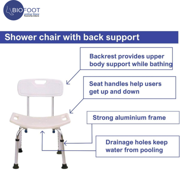Euromed 798LH Shower Chair for Elderly and Senior, Back Support, Backrest, Seat Handle, Aluminium Frame, Draining Holes, Adjustable Height - Image 4