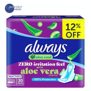 Always Aloe Cool Disposable Pads With Aloe Vera Essence For Light Days, For Zero Irritation Feel, Long Maxi Thick Pads With Wings, 30 Count