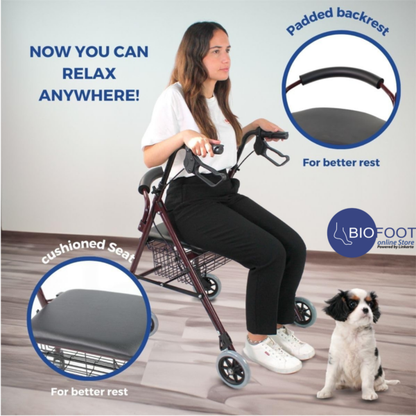 Euromed 965LH Rollator for Elderly, Folding, Manual and Lockable Brakes, Aluminium, Light and Resistant, Rollator with 4 Wheels, Seat and Backrest - Image 4