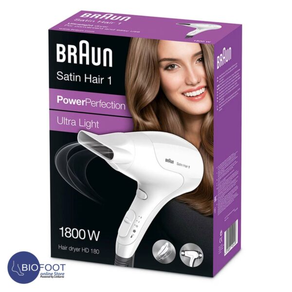 Braun Satin Hair Dryer BRHD180 Power Perfection | 1800 Watts | 2 Heat Settings | Cold Shot | Fast & Easy Drying | Ultra Light | Styline Nozzle - White