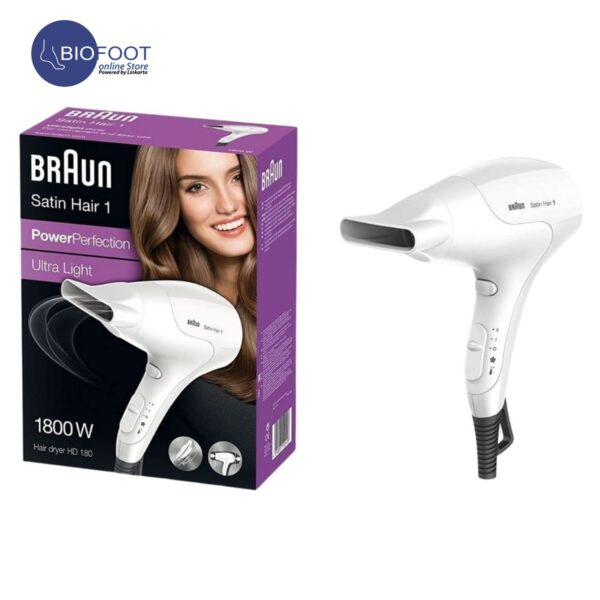 Braun Satin Hair Dryer BRHD180 Power Perfection | 1800 Watts | 2 Heat Settings | Cold Shot | Fast & Easy Drying | Ultra Light | Styline Nozzle - White - Image 2