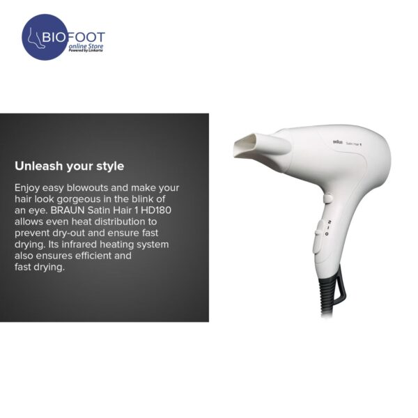 Braun Satin Hair Dryer BRHD180 Power Perfection | 1800 Watts | 2 Heat Settings | Cold Shot | Fast & Easy Drying | Ultra Light | Styline Nozzle - White - Image 8