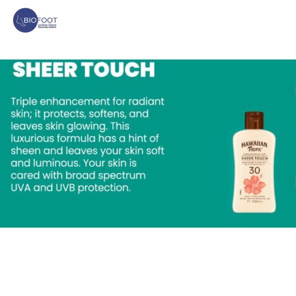 Hawaiian Tropic Sheer Touch Sunscreen Lotion Leaves Skin Radiant, Broad Spectrum SPF 30 UVA/UVB,Island botanical, Water resistant (80mins) Vegan, Oil Free Formula, with Shea Butter & mango Extract -2 oz - Image 4