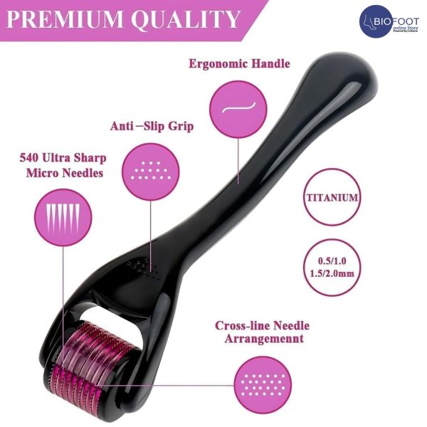 Derma Roller Pro Grip Tools  0.5mm with 540 Titanium Needles : Skin Rejuvenation, Hair Growth, and Cellulite Reduction - Pain-Free Treatment for Thicker, Elastic Skin and Fuller Hair Pack of 1 - Image 2