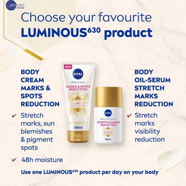 NIVEA LUMINOUS 630 Marks and Spots Reduction Body Cream, Even Skin Tone, Reduced Visibility of Stretch Marks, Sun Blemishes and Pigment Spots, 48H Moisture, Clinically Proven, 200ml - Image 3