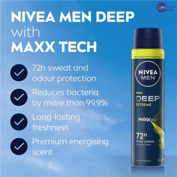 Nivea Men Deep Extreme Black Carbon 72hr Anti Persperant Spray 150ml - Image 2