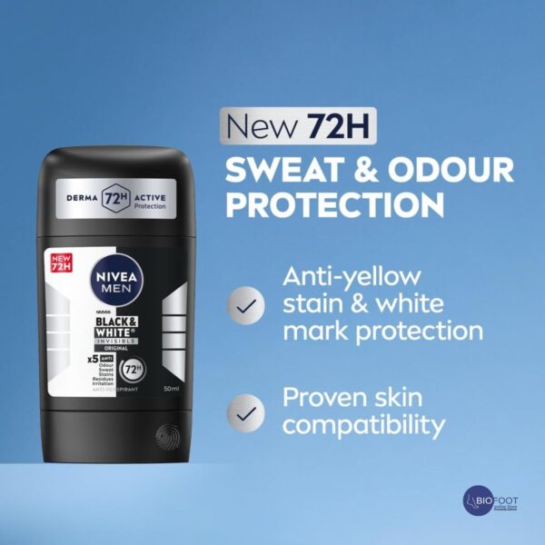 NIVEA Men Black White Invisible Original 48H Deodorant Stick 50ml - Image 3