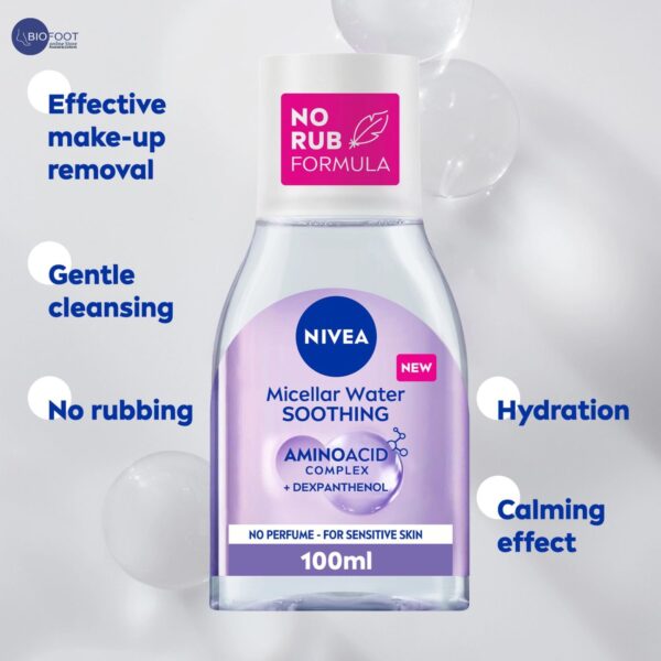 NIVEA Face Micellar Water, Smoothing, Face Eyes Lips Makeup Remover, Sensitive Skin, 100ml - Image 3