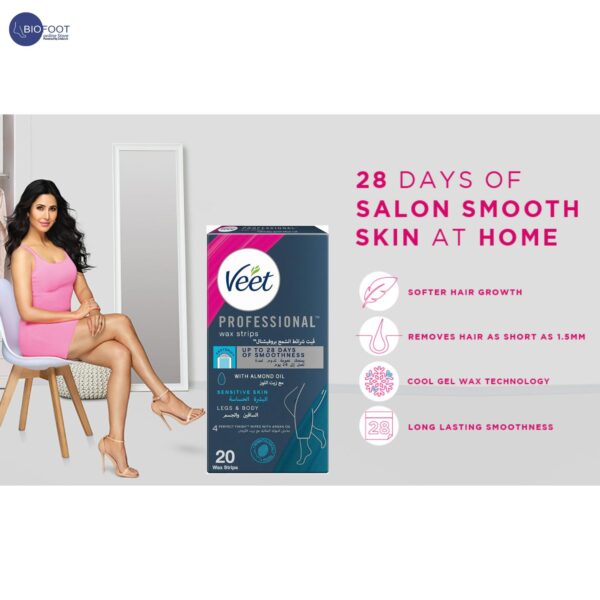 Veet Professional Wax strips Legs and Body for Sensitive skin with Almond up to 28 days of Smoothness 20 wax strips - Image 4
