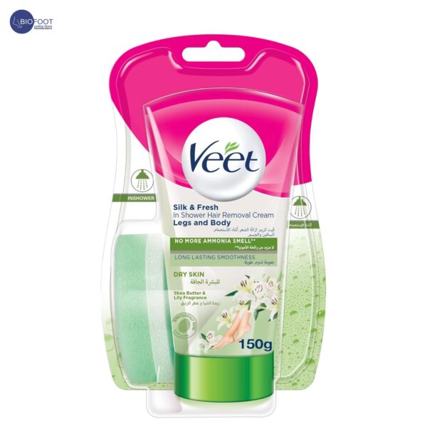 Veet Silk and Fresh In Shower Hair Removal Cream Body & Legs for Dry Skin, Shea Butter & Lily Fragrance – 150g