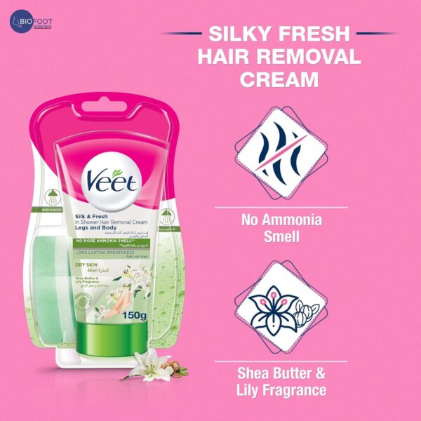 Veet Silk and Fresh In Shower Hair Removal Cream Body & Legs for Dry Skin, Shea Butter & Lily Fragrance – 150g - Image 2