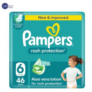 Pampers Rash Protection Taped Diapers, Size 6, 13+kg, +50% Aloe Vera Lotion for Rash Protection, 3x Fortified Layers for Leakage Protection, Giant Pack, 46 Count
