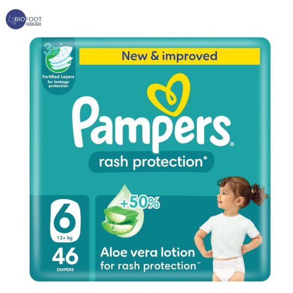 Pampers Rash Protection Taped Diapers, Size 6, 13+kg, +50% Aloe Vera Lotion for Rash Protection, 3x Fortified Layers for Leakage Protection, Giant Pack, 46 Count