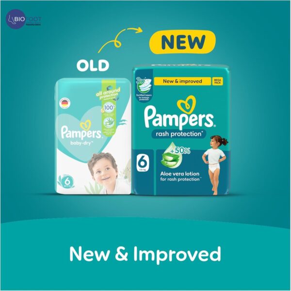 Pampers Rash Protection Taped Diapers, Size 6, 13+kg, +50% Aloe Vera Lotion for Rash Protection, 3x Fortified Layers for Leakage Protection, Giant Pack, 46 Count - Image 5