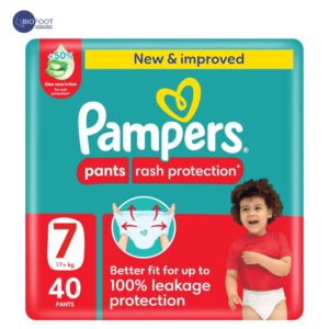 Pampers Rash Protection Pants Diapers, Size 7, 17+kg, +50% Aloe Vera Lotion, 360° Leak-Free Fit for up to 100% Leakage Protection, Jumbo Pack, 40 Count.
