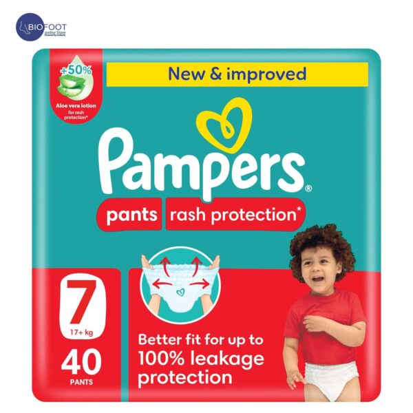 Pampers Rash Protection Pants Diapers, Size 7, 17+kg, +50% Aloe Vera Lotion, 360° Leak-Free Fit for up to 100% Leakage Protection, Jumbo Pack, 40 Count.