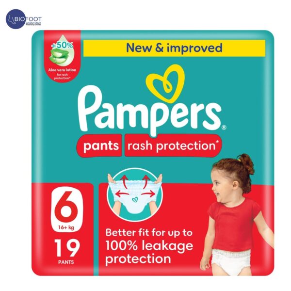 Pampers Rash Protection Pants Diapers, Size 6, 16+kg, +50% Aloe Vera Lotion, 360° Leak-Free Fit for up to 100% Leakage Protection, Value Pack, 19 Count