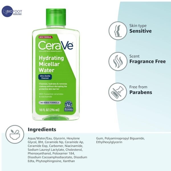 CeraVe Micellar Water, Hydrating Facial Cleanser & Eye Makeup Remover 296ml - Image 4