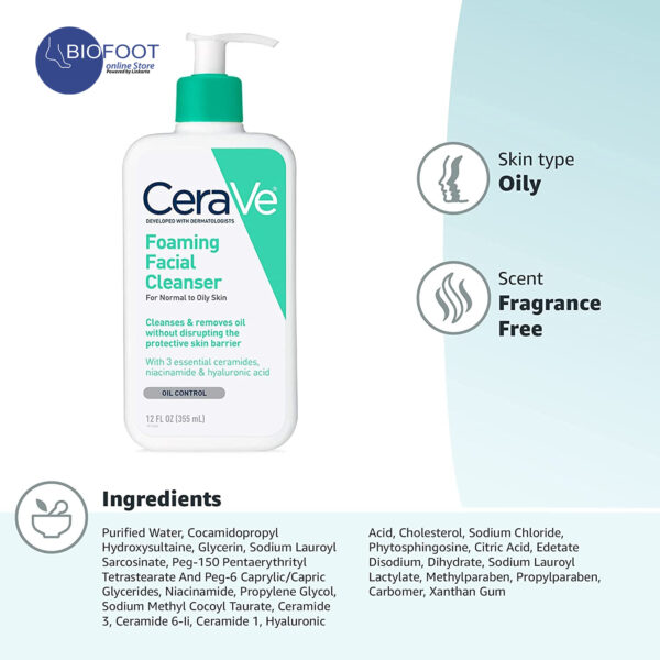 CeraVe Foaming Facial Cleanser, Normal to Oily Skin 355ml - Image 4