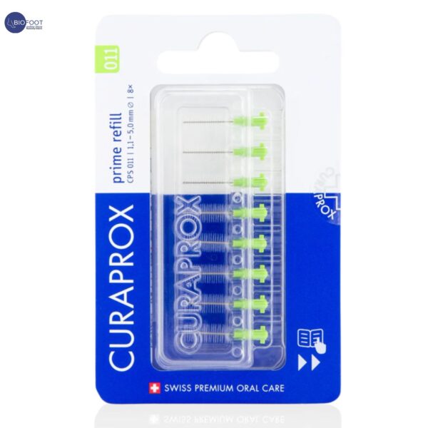Curaprox CPS Prime 011 Interdental Brush Refills | 8 Ultra-Fine Brushes (1.1mm - 5mm) for Effective Plaque Removal & Optimal Oral Hygiene, Lime Green Pack