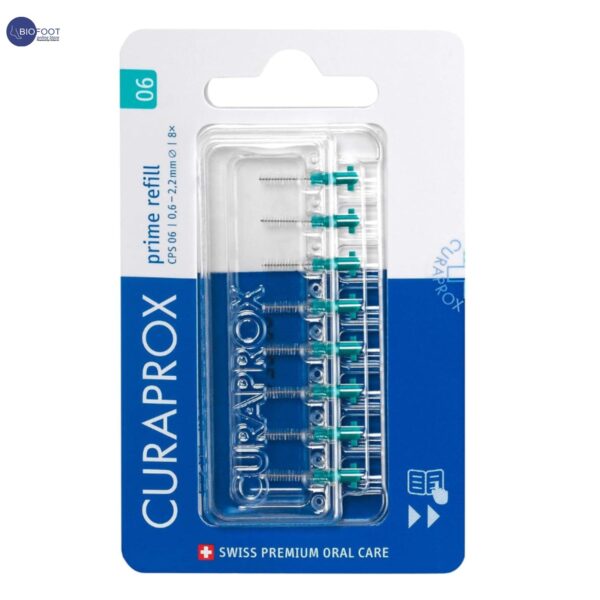 Curaprox CPS Prime 06 Interdental Brush Refills | 8 Ultra-Fine 0.6mm Brushes for Gentle, Precise Cleaning | Ideal for Sensitive Gums & Daily Plaque Removal, Turquoise Pack