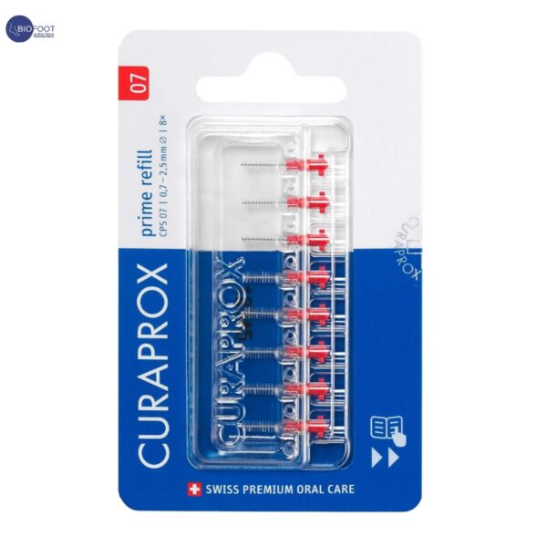 Curaprox CPS Prime 07 Interdental Brush Refills | 8 Ultra-Fine Brushes (0.7mm) for Effective Plaque Removal, 2.5mm Interdental Size, Red Pack