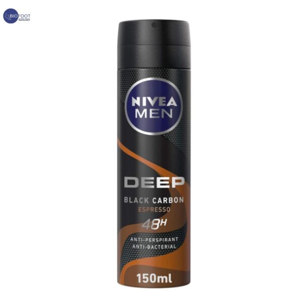 NIVEA MEN Antiperspirant Spray for Men, DEEP Black Carbon Antibacterial, Espresso Scent, 150ml