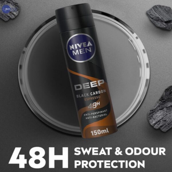 NIVEA MEN Antiperspirant Spray for Men, DEEP Black Carbon Antibacterial, Espresso Scent, 150ml - Image 2