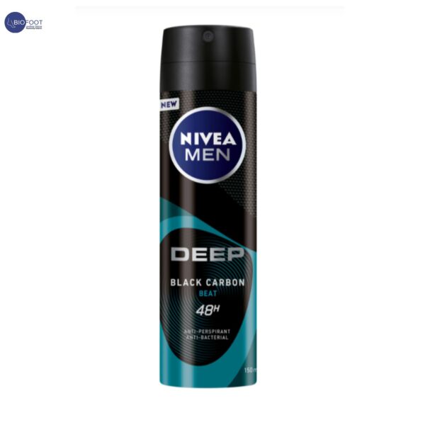 NIVEA MEN Antiperspirant Spray for Men, DEEP Beat Black Carbon Antibacterial, Wood Fresh Scent, 150ml