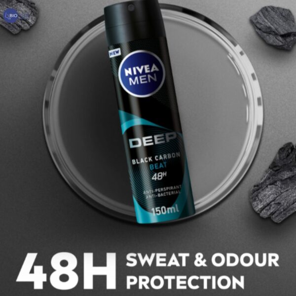 NIVEA MEN Antiperspirant Spray for Men, DEEP Beat Black Carbon Antibacterial, Wood Fresh Scent, 150ml - Image 2